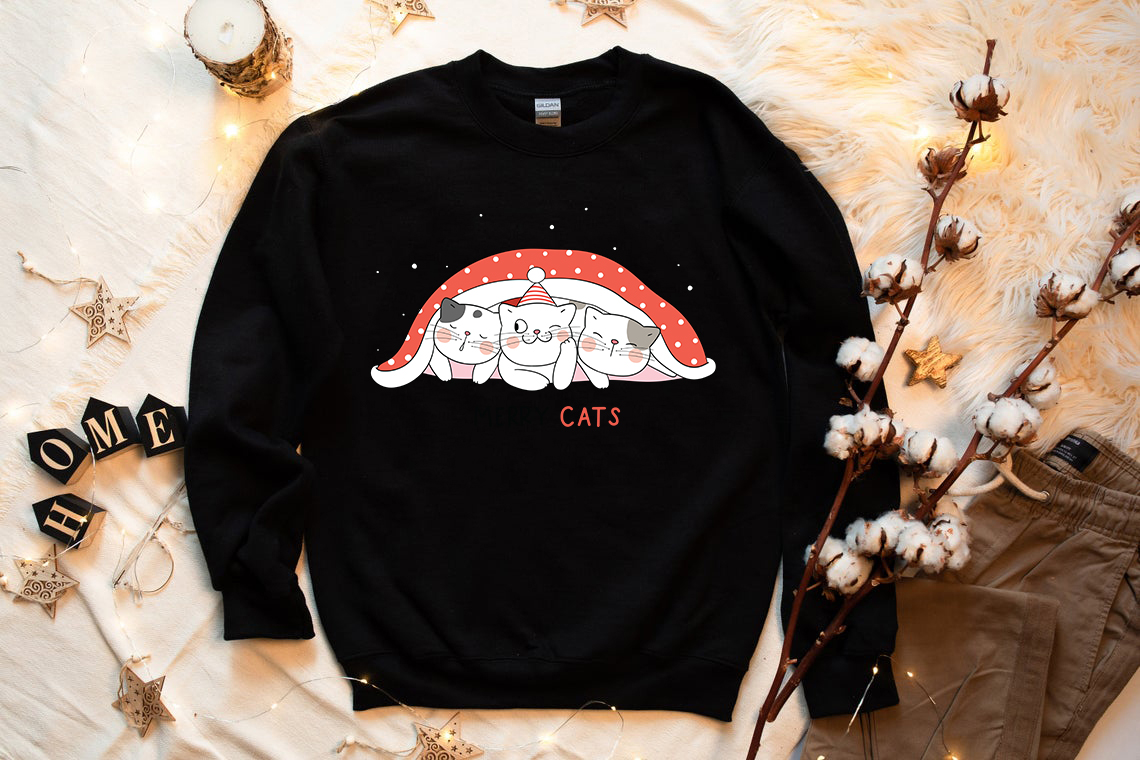 Cute Cats Christmas Sweatshirt featuring playful cat designs, perfect for holiday celebrations.