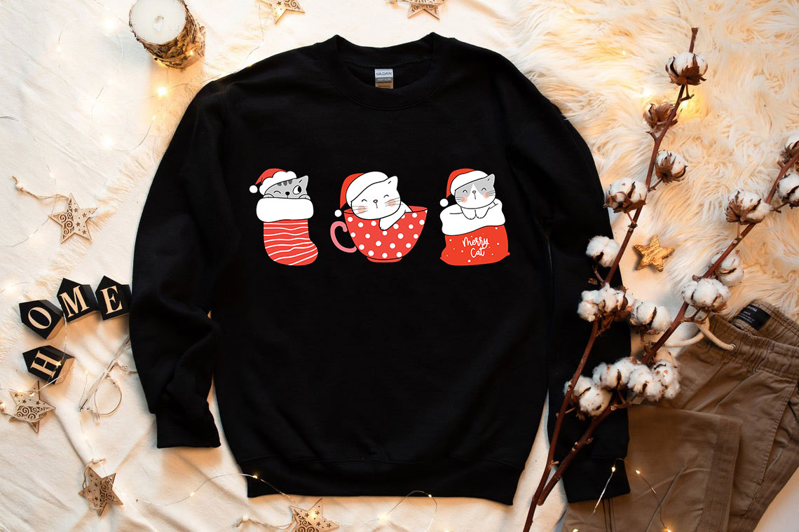 Cute Cats Christmas Sweatshirt featuring playful cat designs, perfect for holiday celebrations.