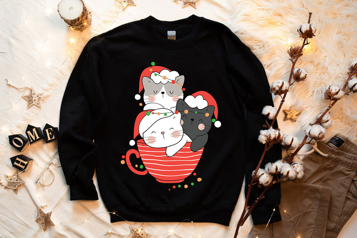 Cute Cats Cup Christmas Sweatshirt featuring a festive cat design, perfect for holiday wear.