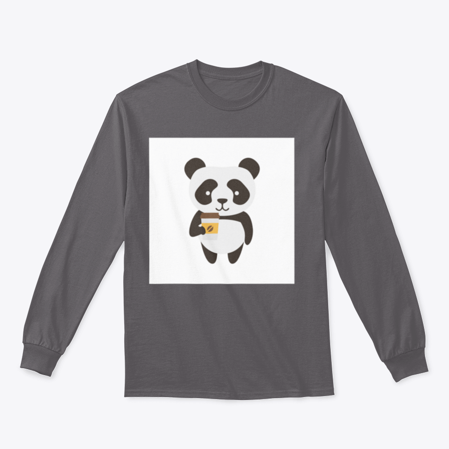 A cute flat illustration of a happy panda holding a coffee cup, featured on a comfortable cotton shirt.