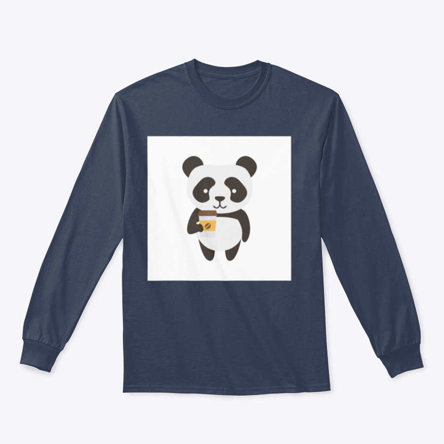 A cute flat illustration of a happy panda holding a coffee cup, featured on a comfortable cotton shirt.