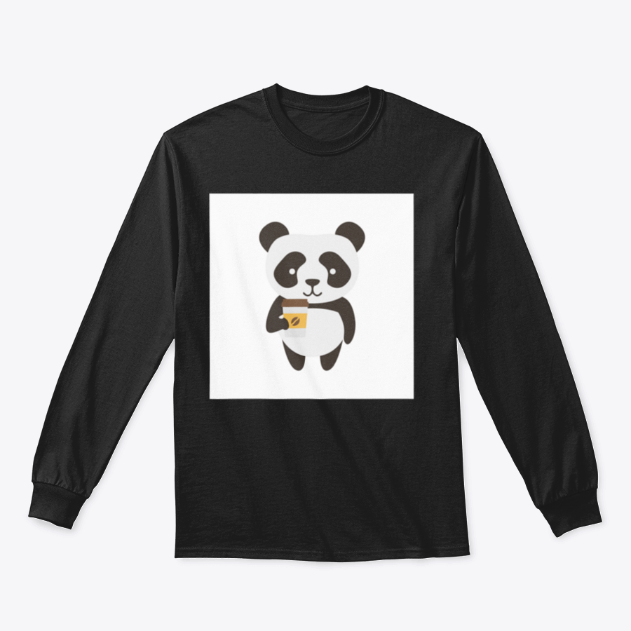 A cute flat illustration of a happy panda holding a coffee cup, featured on a comfortable cotton shirt.