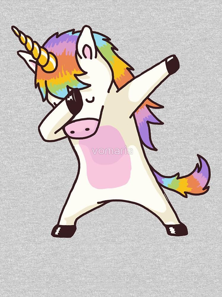 Rainbow unicorn dabbing cartoon graphic.