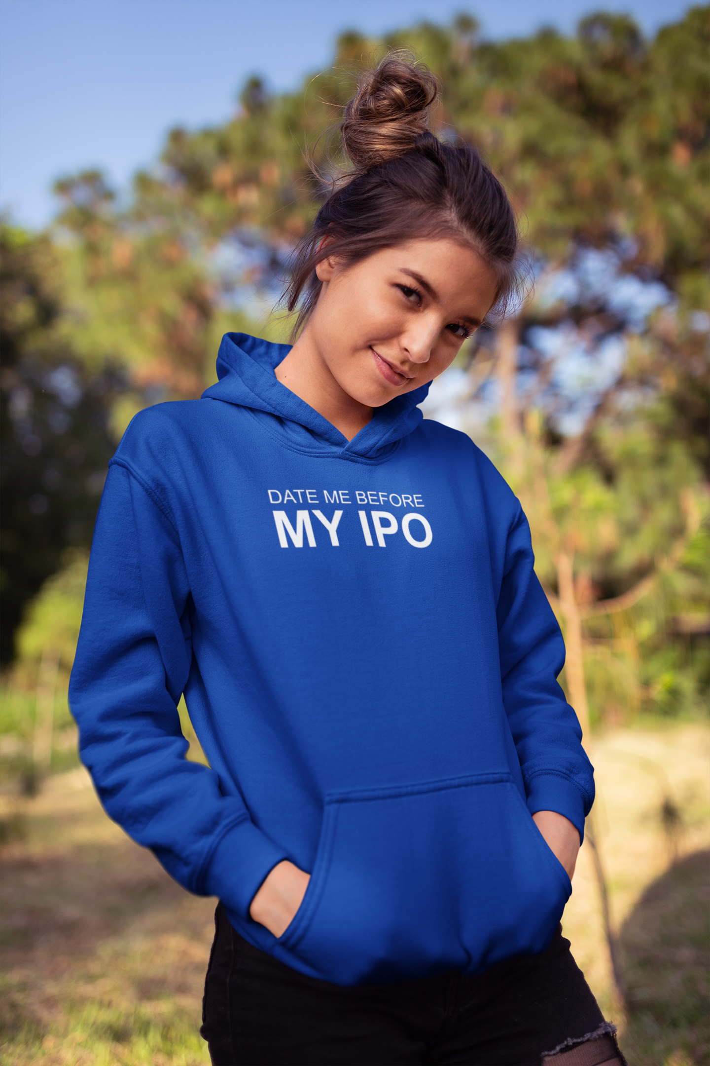 A stylish Date Me Before My IPO Women Hoodie featuring a cozy fleece lining, adjustable hood, and unique artistic design, perfect for casual wear.