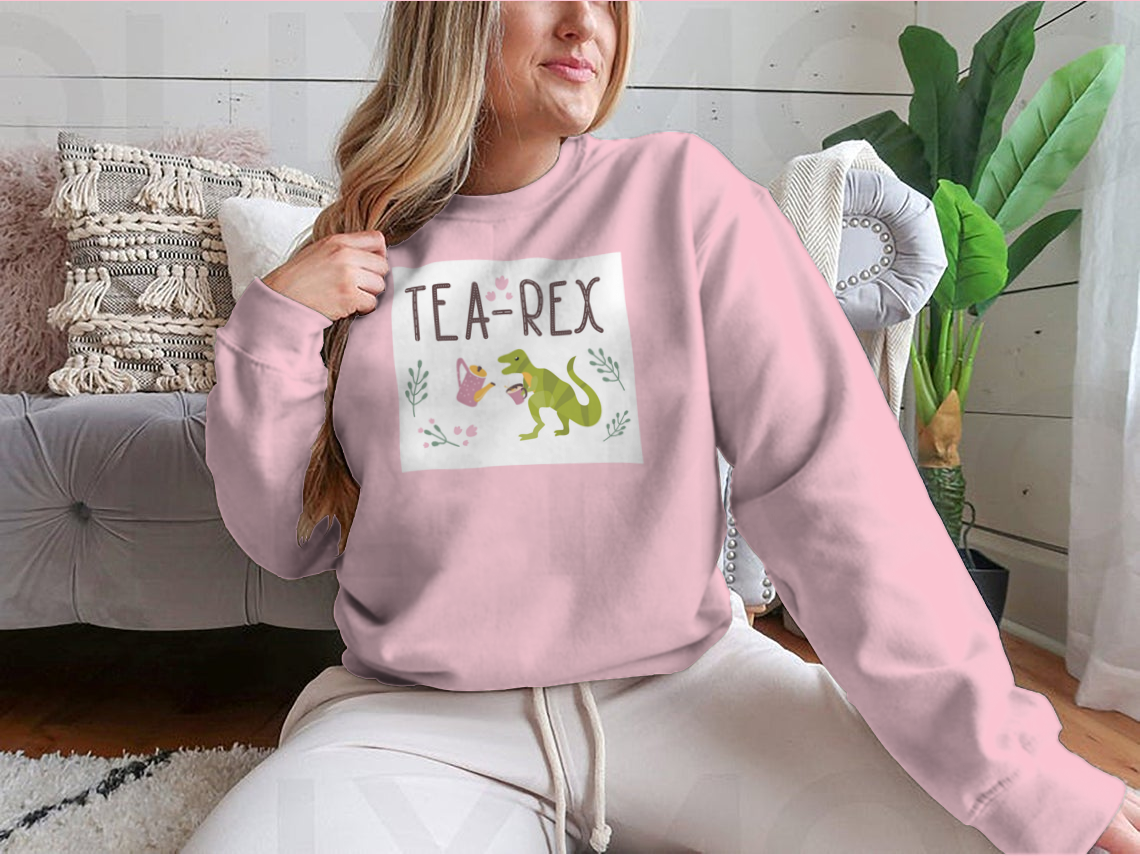 Dino Quote Tea Rex design featuring a Tyrannosaurus with a cup and kettle, showcasing a playful and unique style.