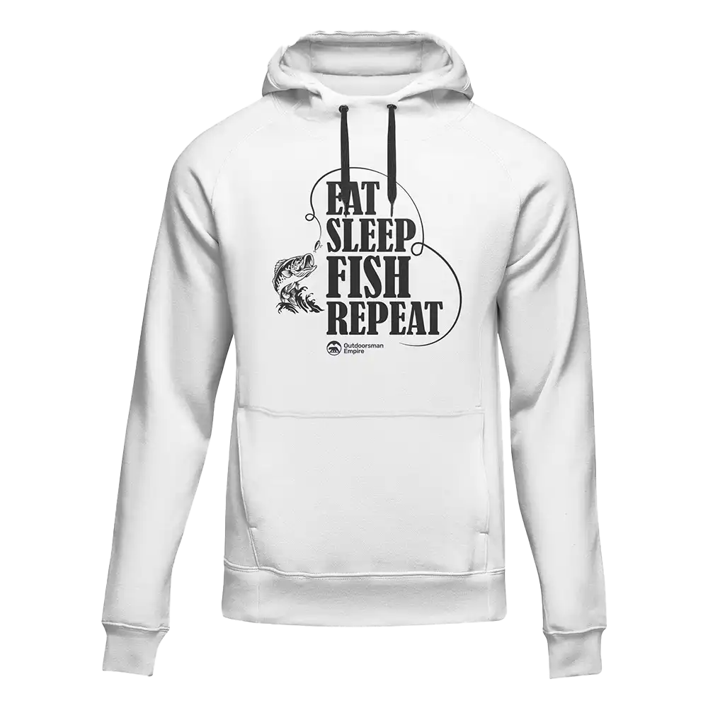 A cozy unisex hoodie featuring the phrase 'Eat Sleep Fish Repeat' in a stylish design, perfect for fishing enthusiasts.