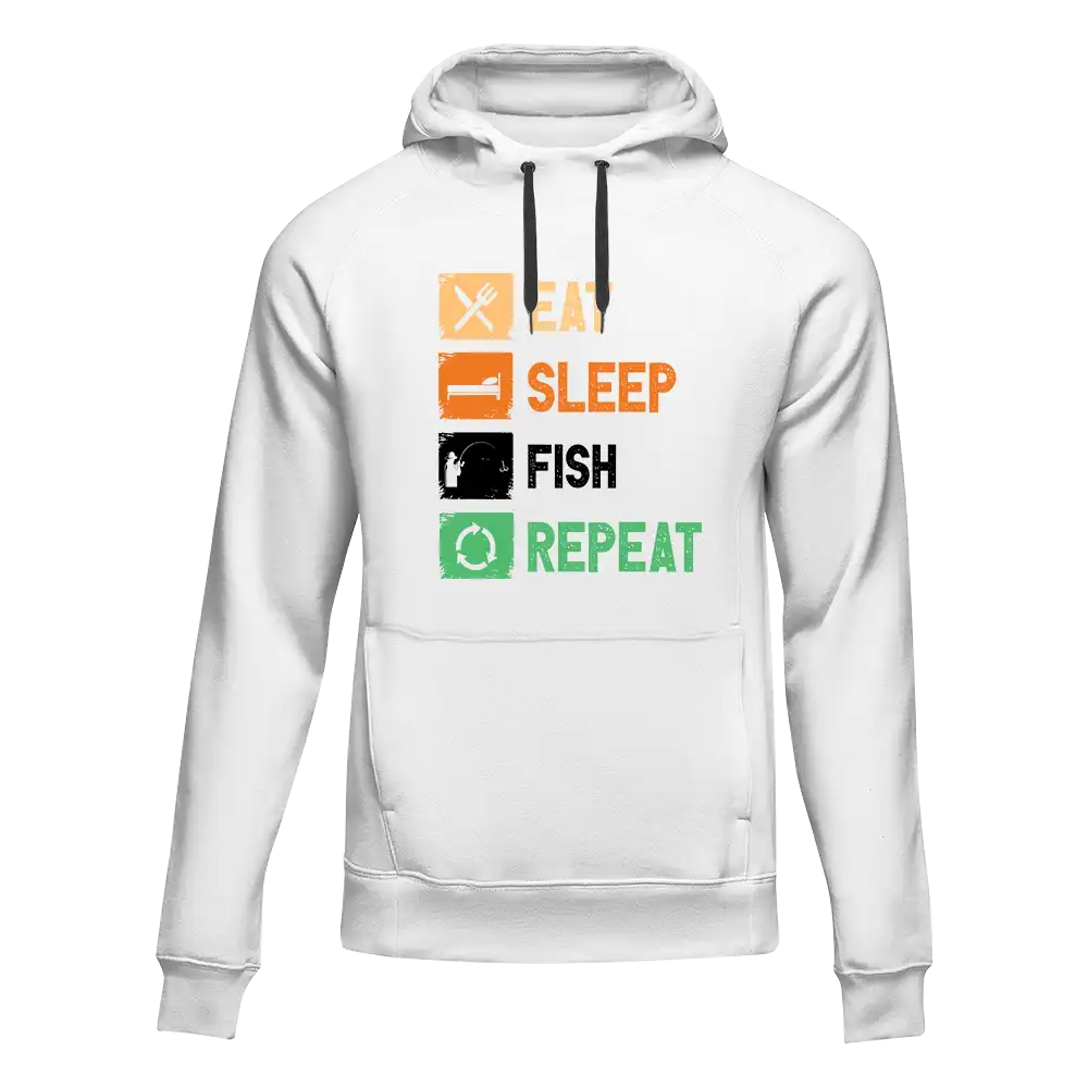 A cozy unisex hoodie featuring the phrase 'Eat Sleep Fishing Repeat' in a stylish font, perfect for fishing enthusiasts.