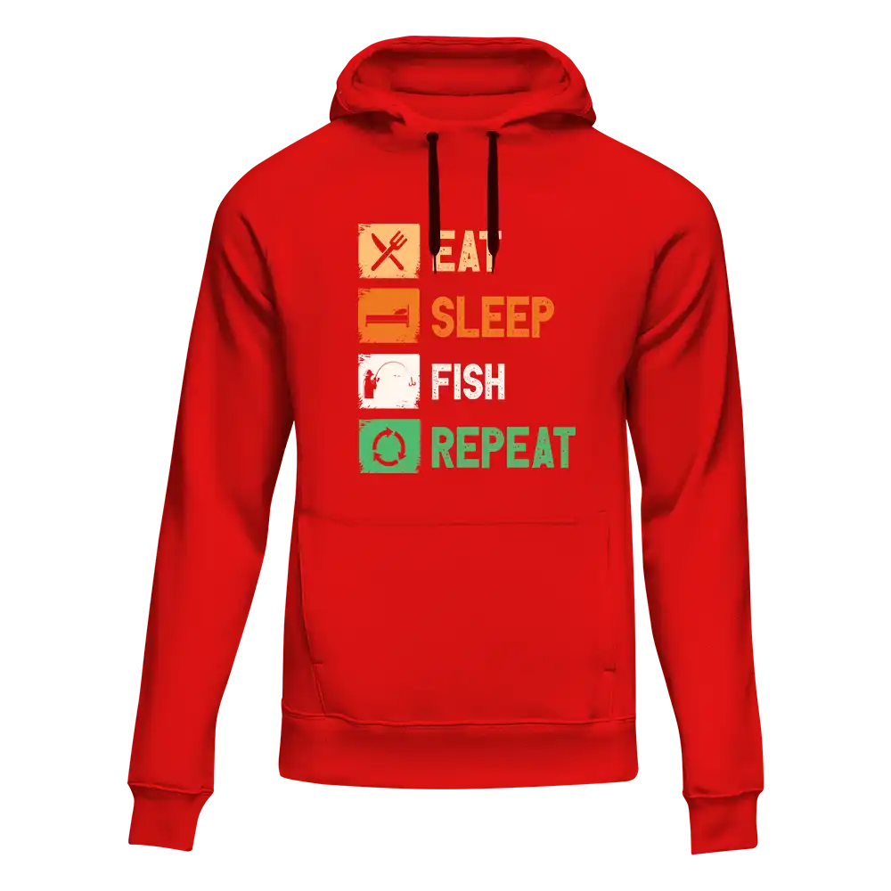 A cozy unisex hoodie featuring the phrase 'Eat Sleep Fishing Repeat' in a stylish font, perfect for fishing enthusiasts.