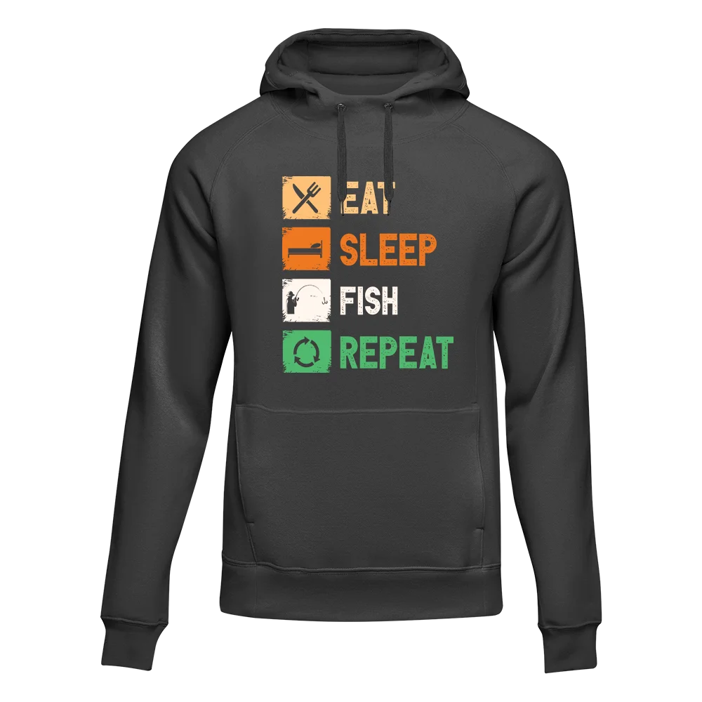 A cozy unisex hoodie featuring the phrase 'Eat Sleep Fishing Repeat' in a stylish font, perfect for fishing enthusiasts.