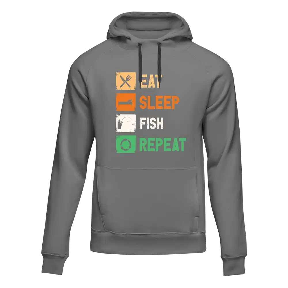 A cozy unisex hoodie featuring the phrase 'Eat Sleep Fishing Repeat' in a stylish font, perfect for fishing enthusiasts.