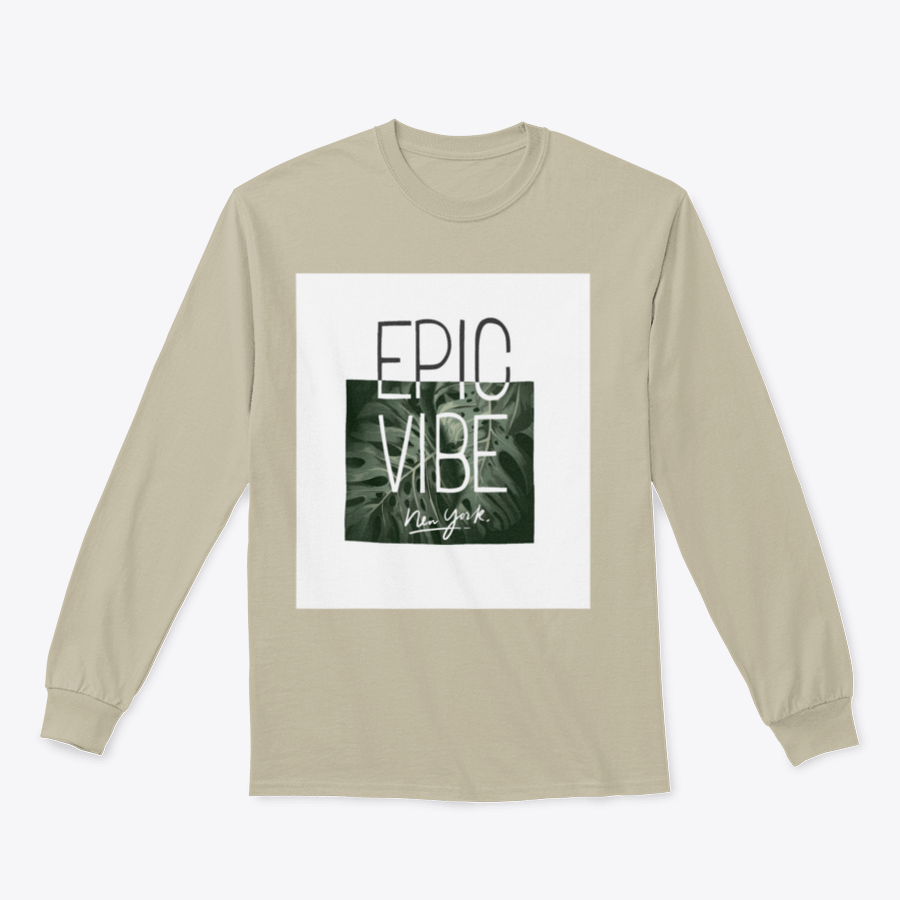 Epic Vibe Slogan T-shirt featuring a colorful tropical leaf background, made from 100% cotton for comfort and style.