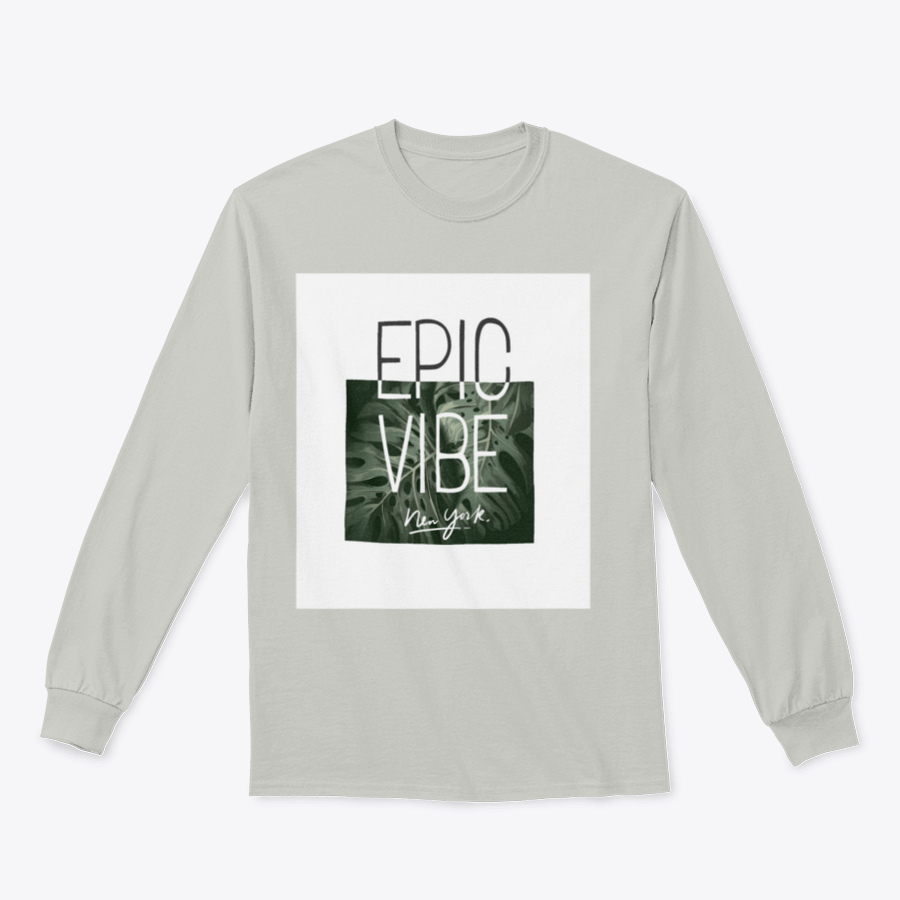 Epic Vibe Slogan T-shirt featuring a colorful tropical leaf background, made from 100% cotton for comfort and style.