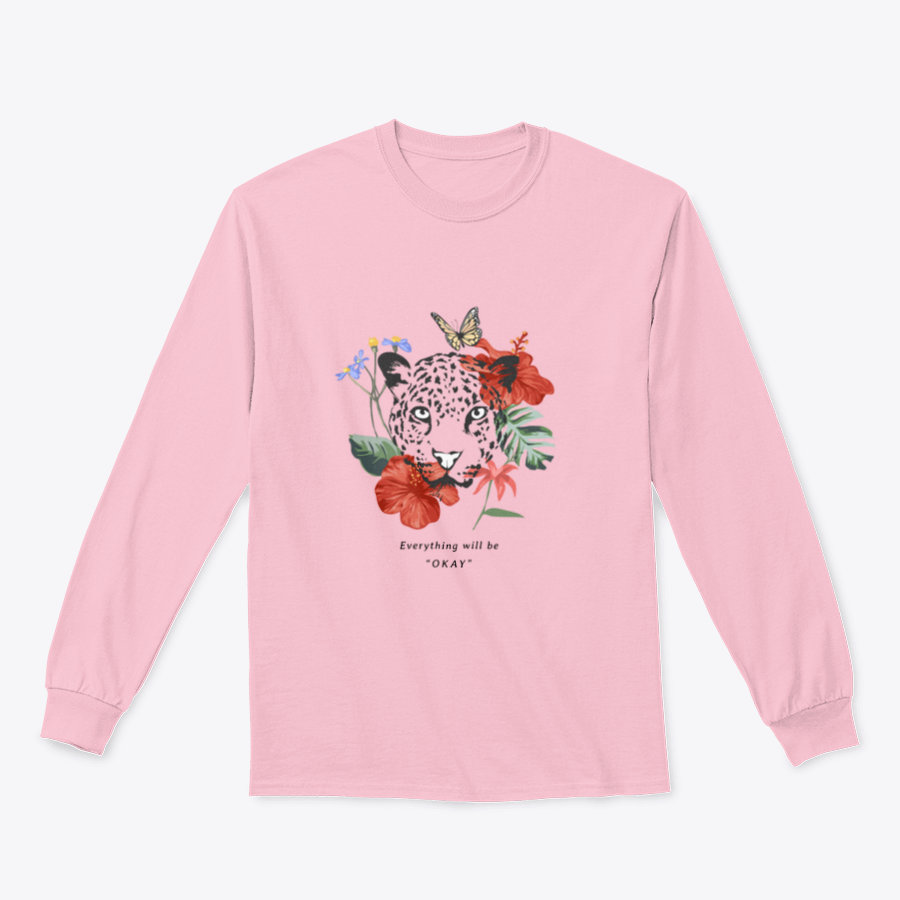 A colorful t-shirt featuring the slogan 'Everything Will Be Okay' surrounded by exotic flowers, showcasing a vibrant and uplifting design.