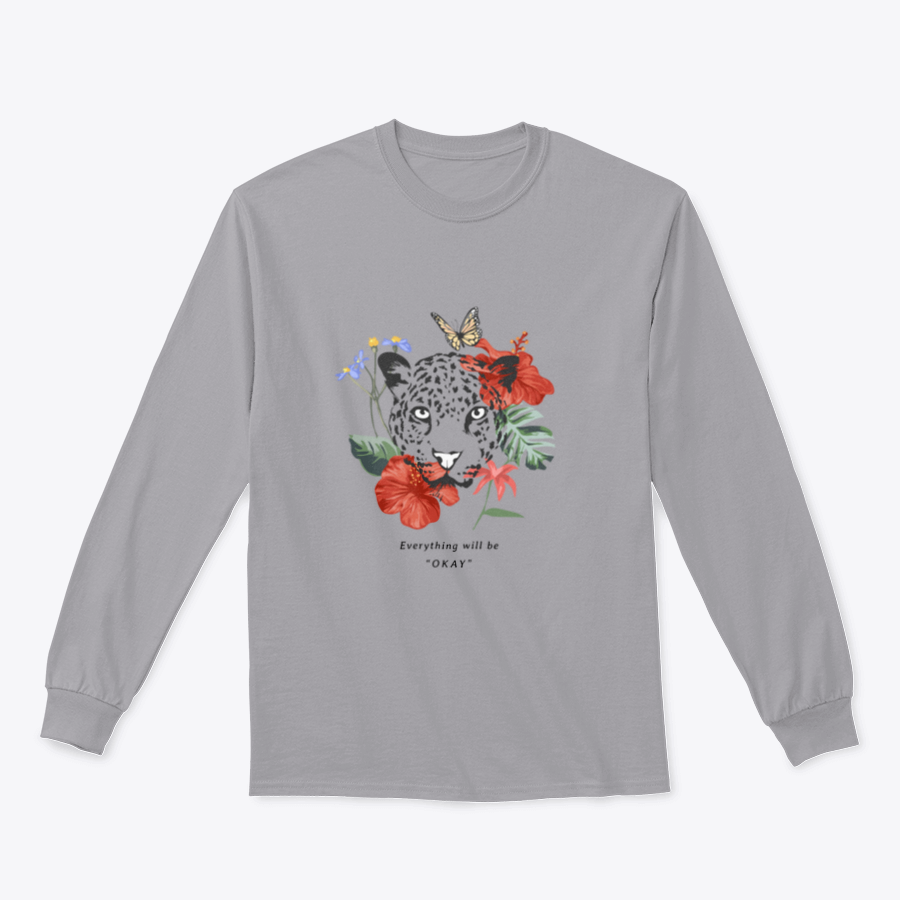 A colorful t-shirt featuring the slogan 'Everything Will Be Okay' surrounded by exotic flowers, showcasing a vibrant and uplifting design.