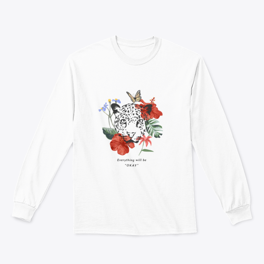 A colorful t-shirt featuring the slogan 'Everything Will Be Okay' surrounded by exotic flowers, showcasing a vibrant and uplifting design.