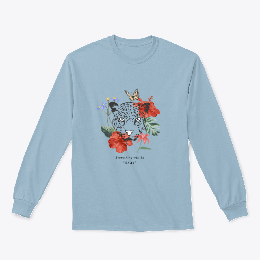 A colorful t-shirt featuring the slogan 'Everything Will Be Okay' surrounded by exotic flowers, showcasing a vibrant and uplifting design.