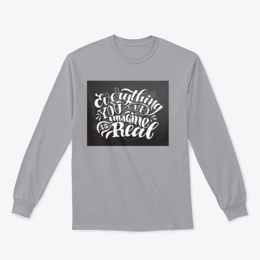 A cute hand-drawn doodle T-shirt featuring the motivational phrase 'Everything You Can Imagine Is Real' on a soft cotton fabric.