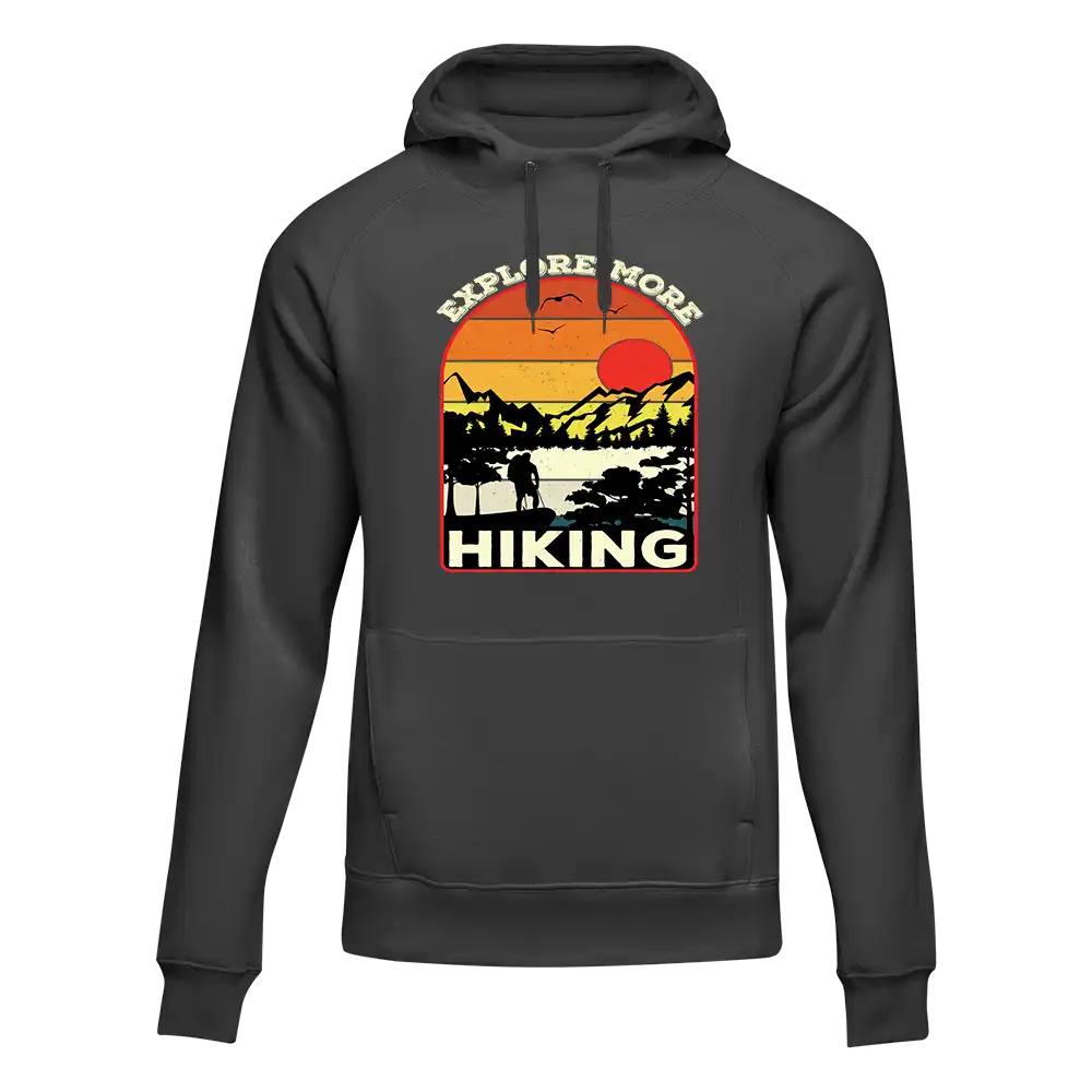 Explore More Hiking Unisex Hoodie in a stylish design, showcasing its comfortable fit and vibrant colors, perfect for outdoor adventures.