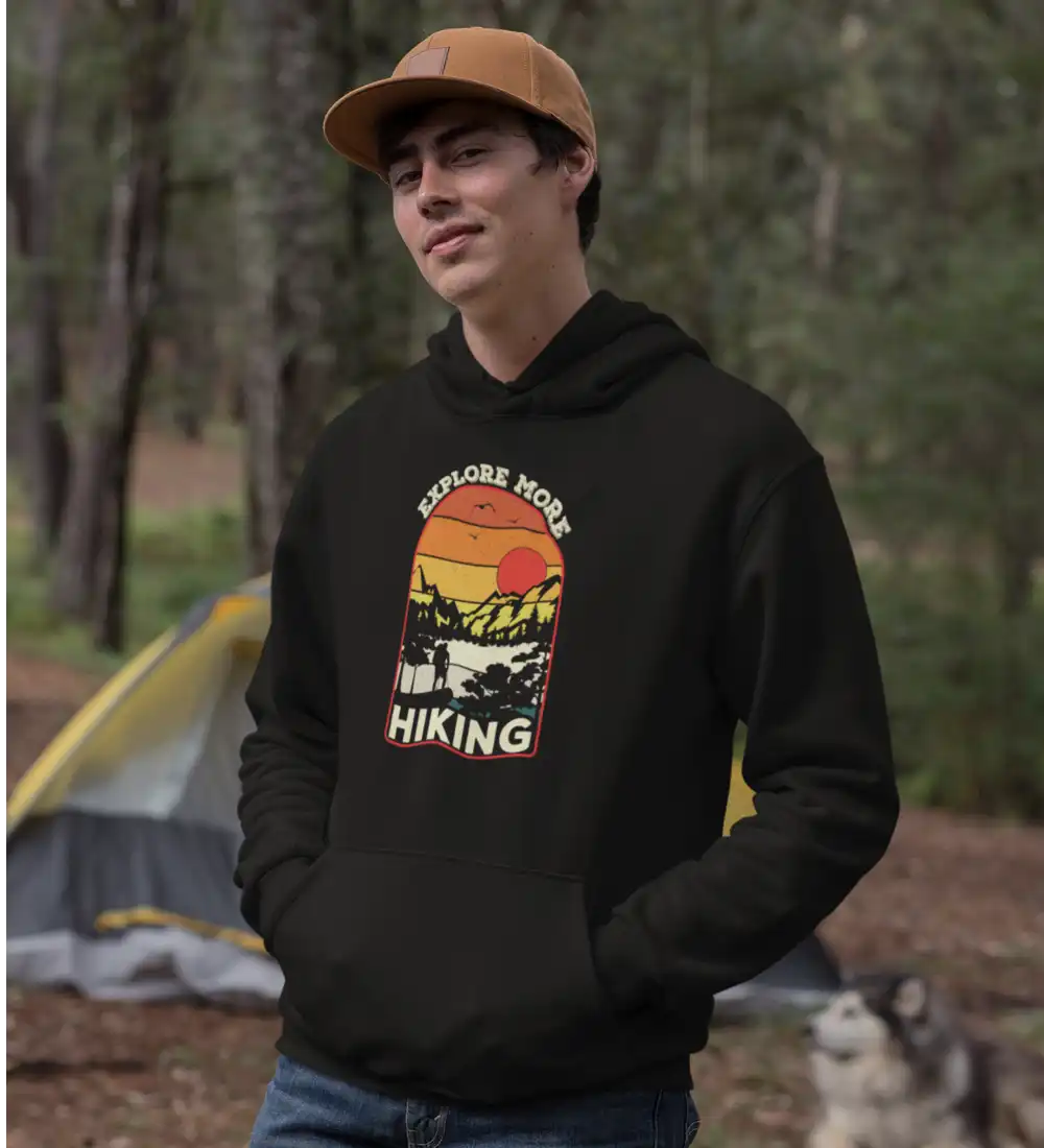 Explore More Hiking Unisex Hoodie in a stylish design, showcasing its comfortable fit and vibrant colors, perfect for outdoor adventures.