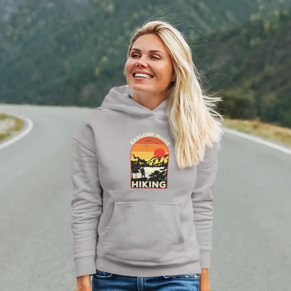 Explore More Hiking Unisex Hoodie in a stylish design, showcasing its comfortable fit and vibrant colors, perfect for outdoor adventures.