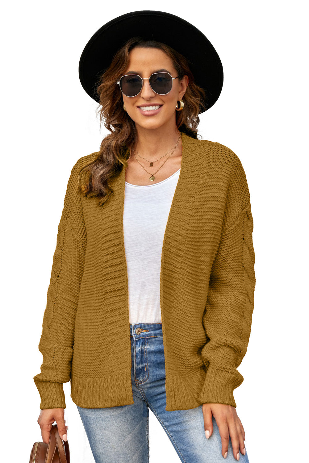 Fashion Brown Open Front Chunky Knit Cardigan with braided sleeve texture, perfect for winter wear.