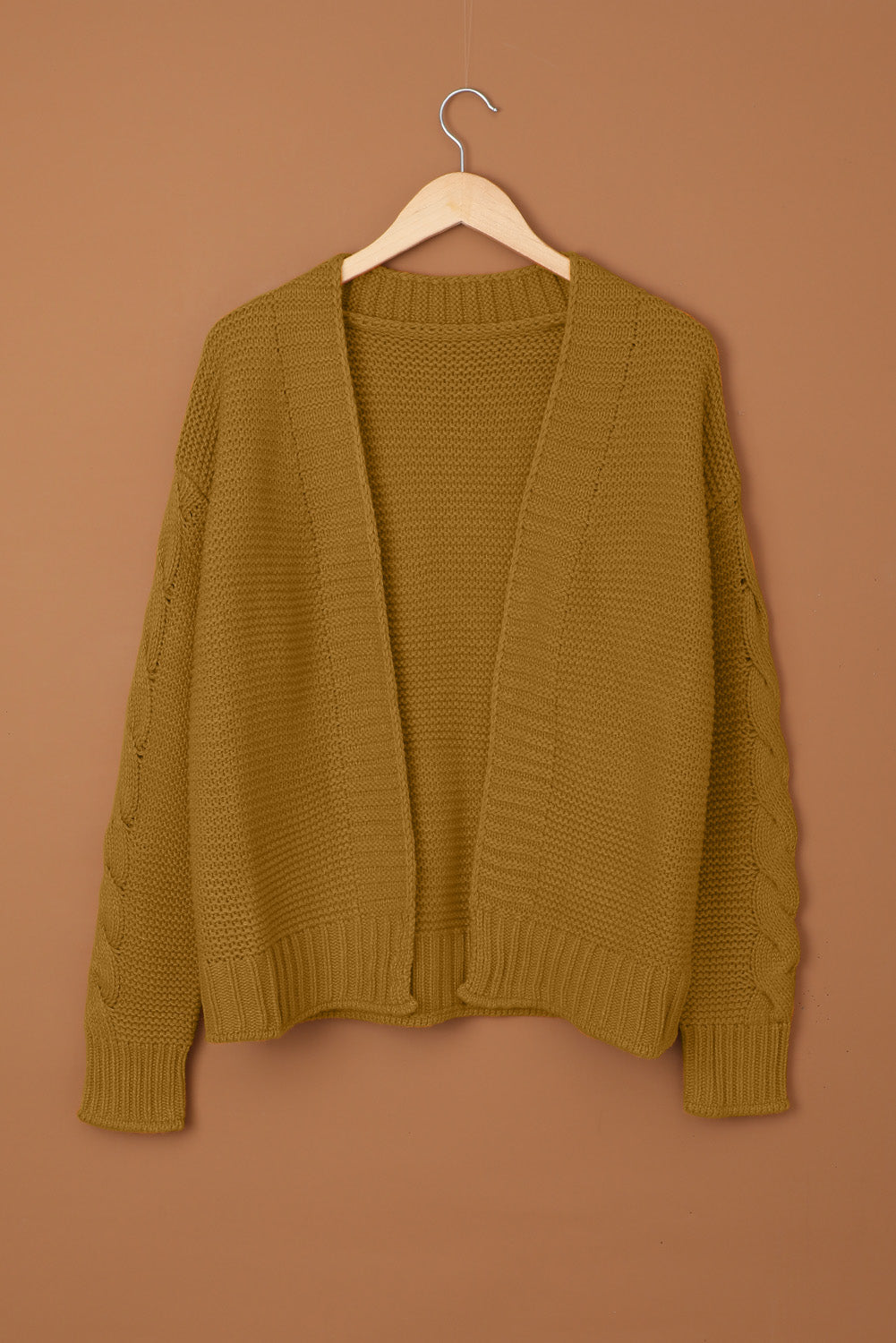 Fashion Brown Open Front Chunky Knit Cardigan with braided sleeve texture, perfect for winter wear.