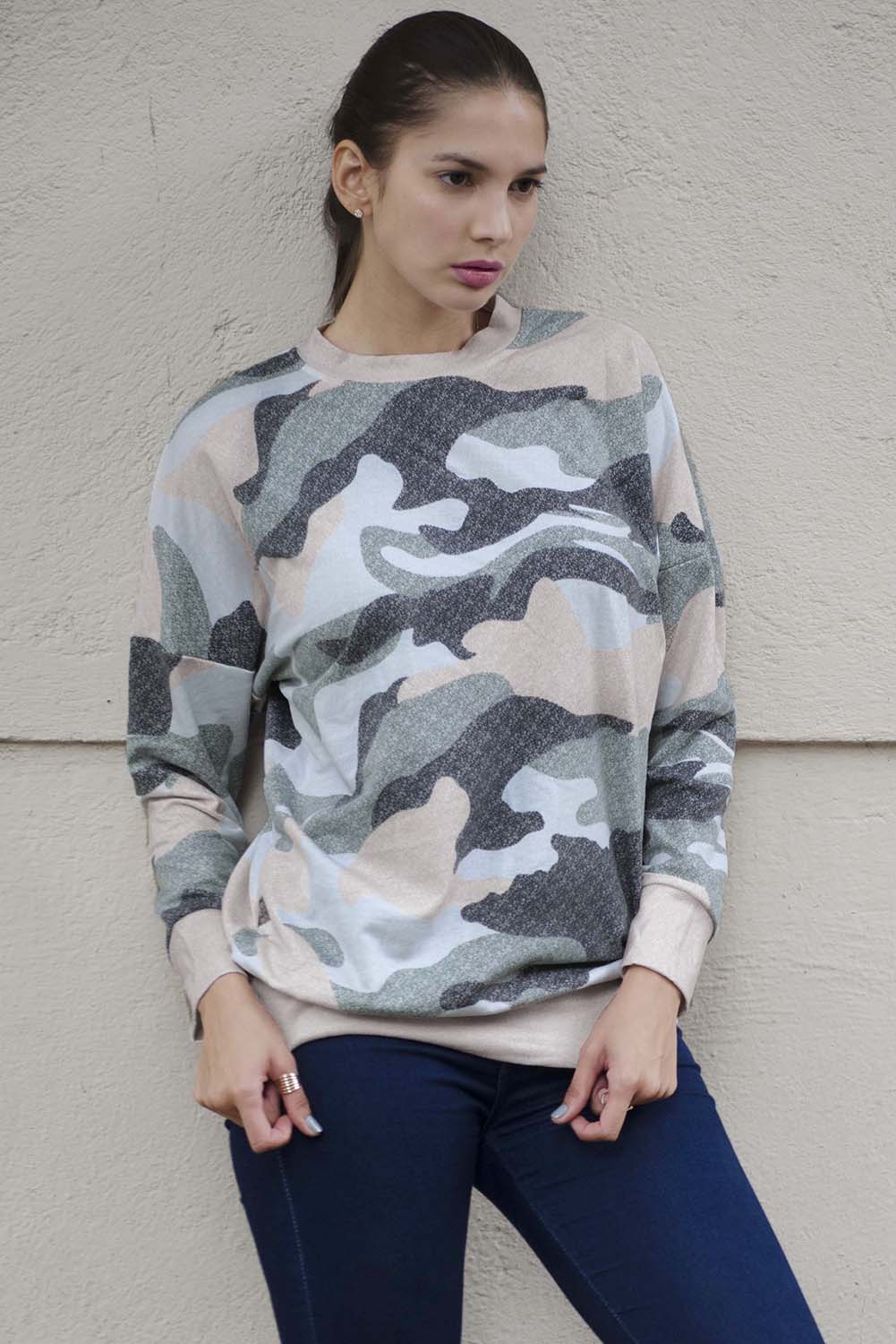 Fashion Khaki Green Digital Camo Print Sweatshirt featuring a round neck and relaxed fit, perfect for casual wear.