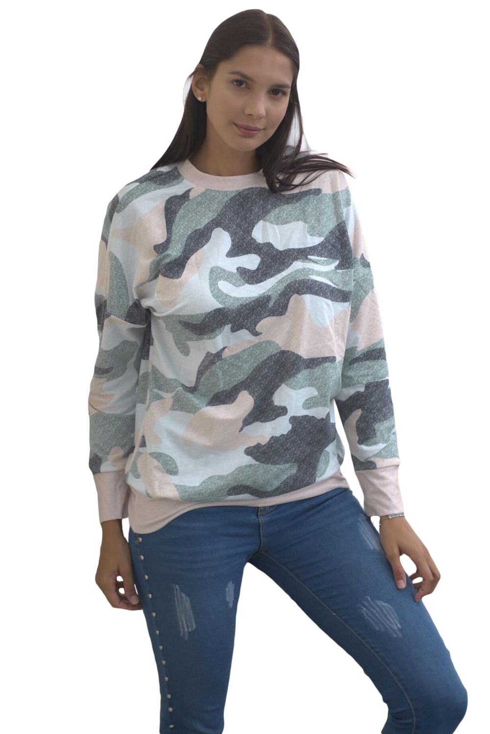 Fashion Khaki Green Digital Camo Print Sweatshirt featuring a round neck and relaxed fit, perfect for casual wear.