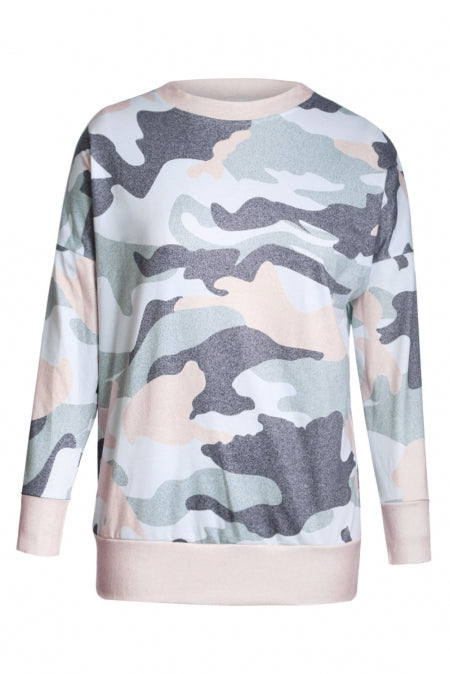 Fashion Khaki Green Digital Camo Print Sweatshirt featuring a round neck and relaxed fit, perfect for casual wear.