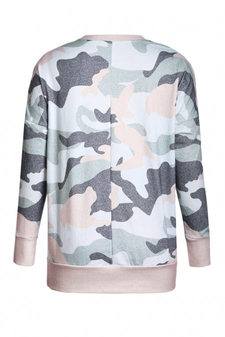 Fashion Khaki Green Digital Camo Print Sweatshirt featuring a round neck and relaxed fit, perfect for casual wear.