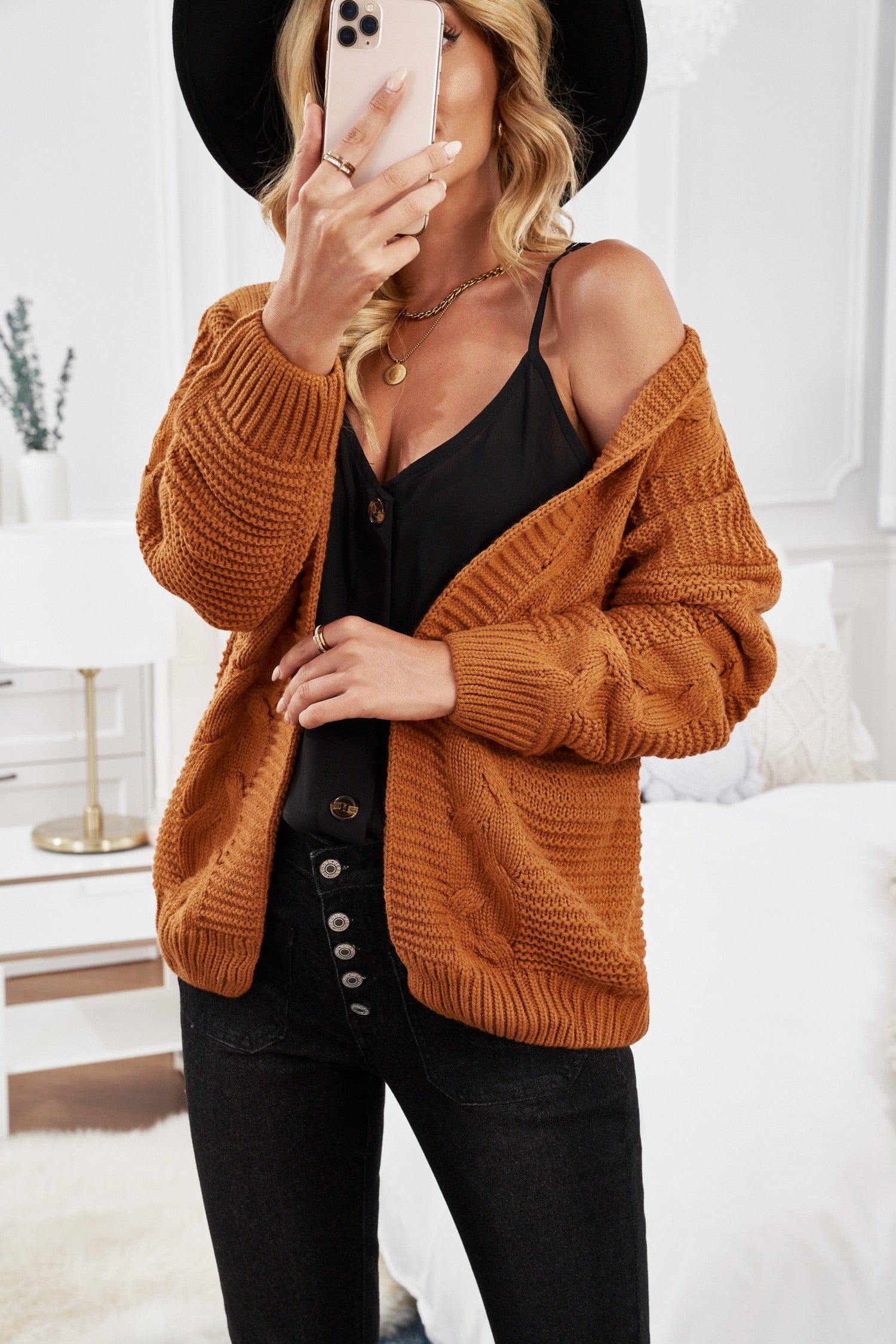 Fashion Khkai Chunky Wide Long Sleeve Knit Cardigan in brown, featuring a relaxed fit, ribbed hem, and open front design, perfect for winter layering.