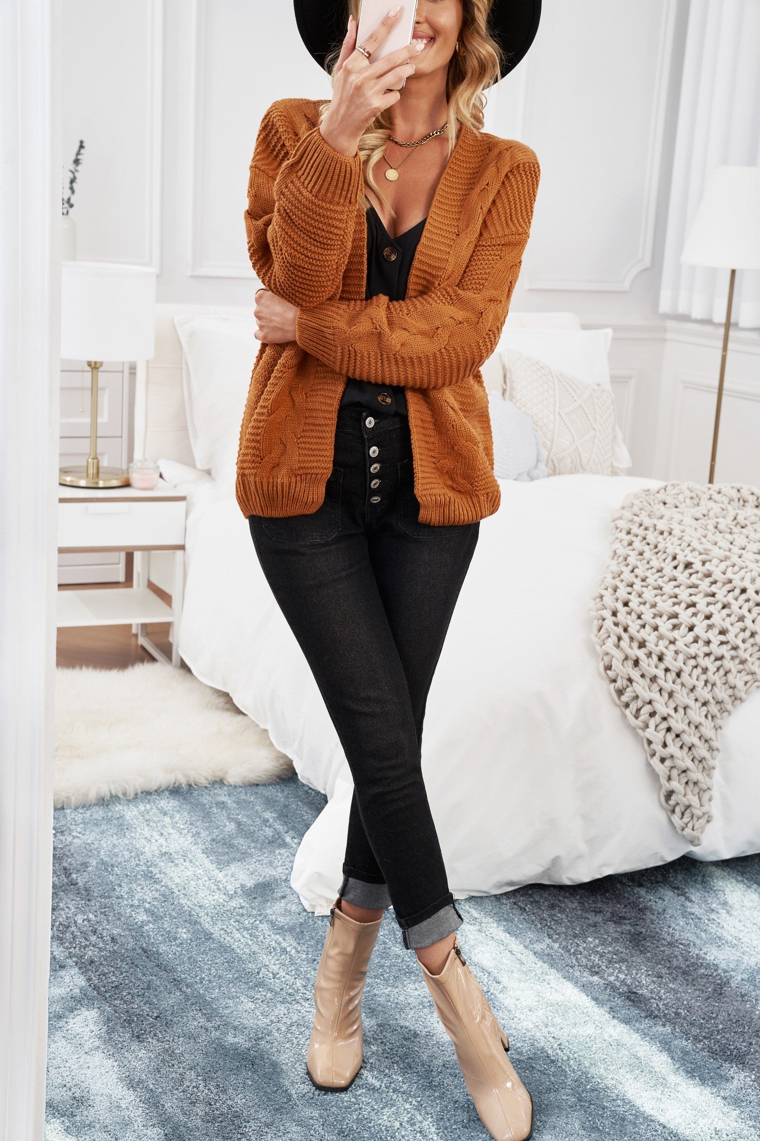 Fashion Khkai Chunky Wide Long Sleeve Knit Cardigan in brown, featuring a relaxed fit, ribbed hem, and open front design, perfect for winter layering.