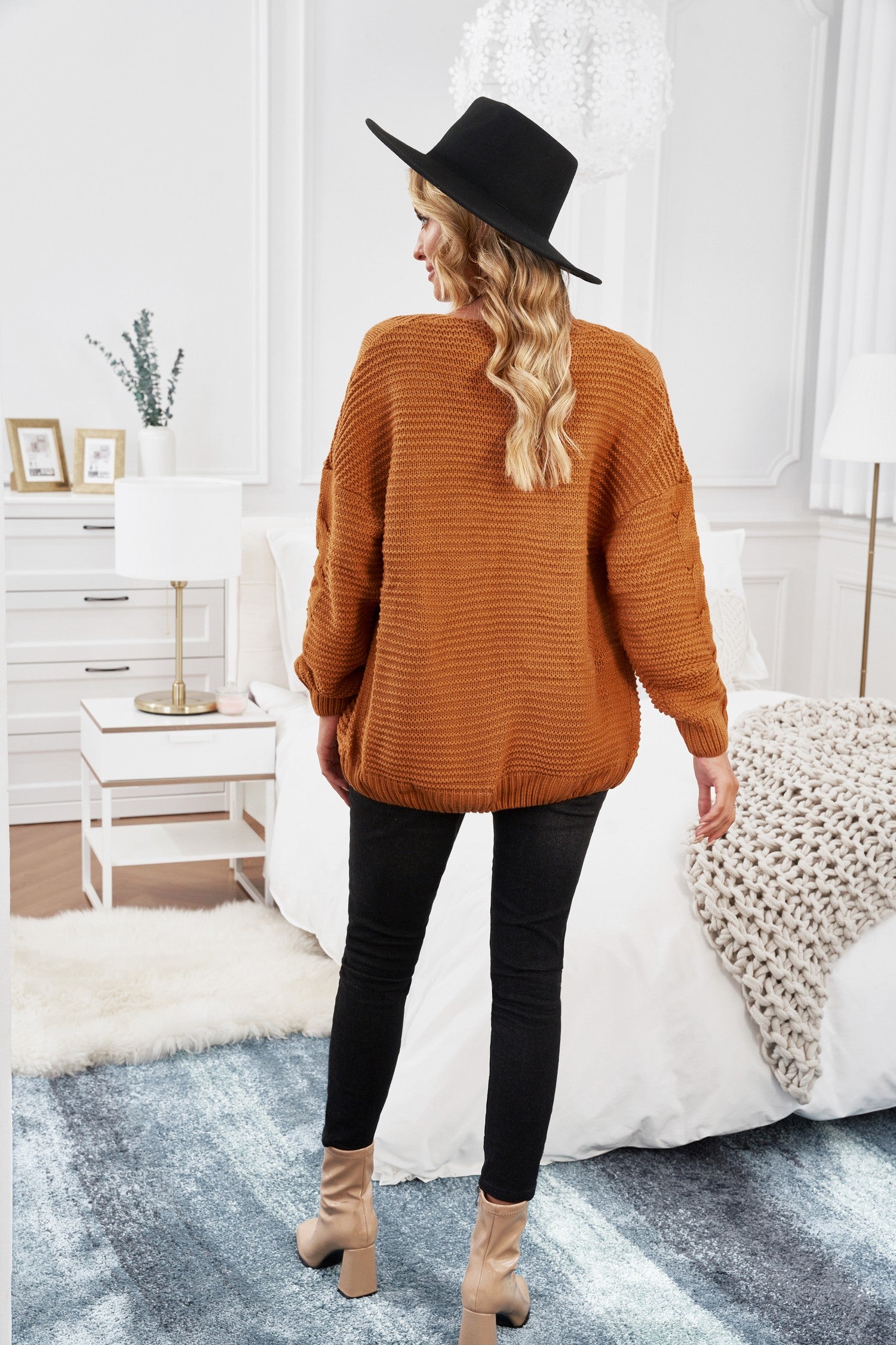 Fashion Khkai Chunky Wide Long Sleeve Knit Cardigan in brown, featuring a relaxed fit, ribbed hem, and open front design, perfect for winter layering.