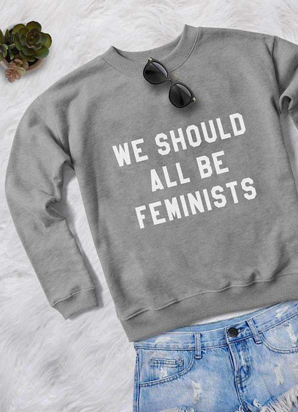 Feminists women printed sweatshirt featuring vibrant all-over prints, custom fitted design, and cozy fleece material.