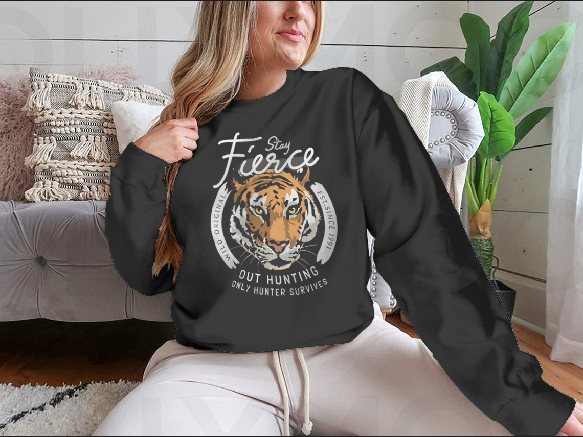 Fierce With Tiger Head T-Shirt featuring a bold tiger graphic on a comfortable cotton fabric.