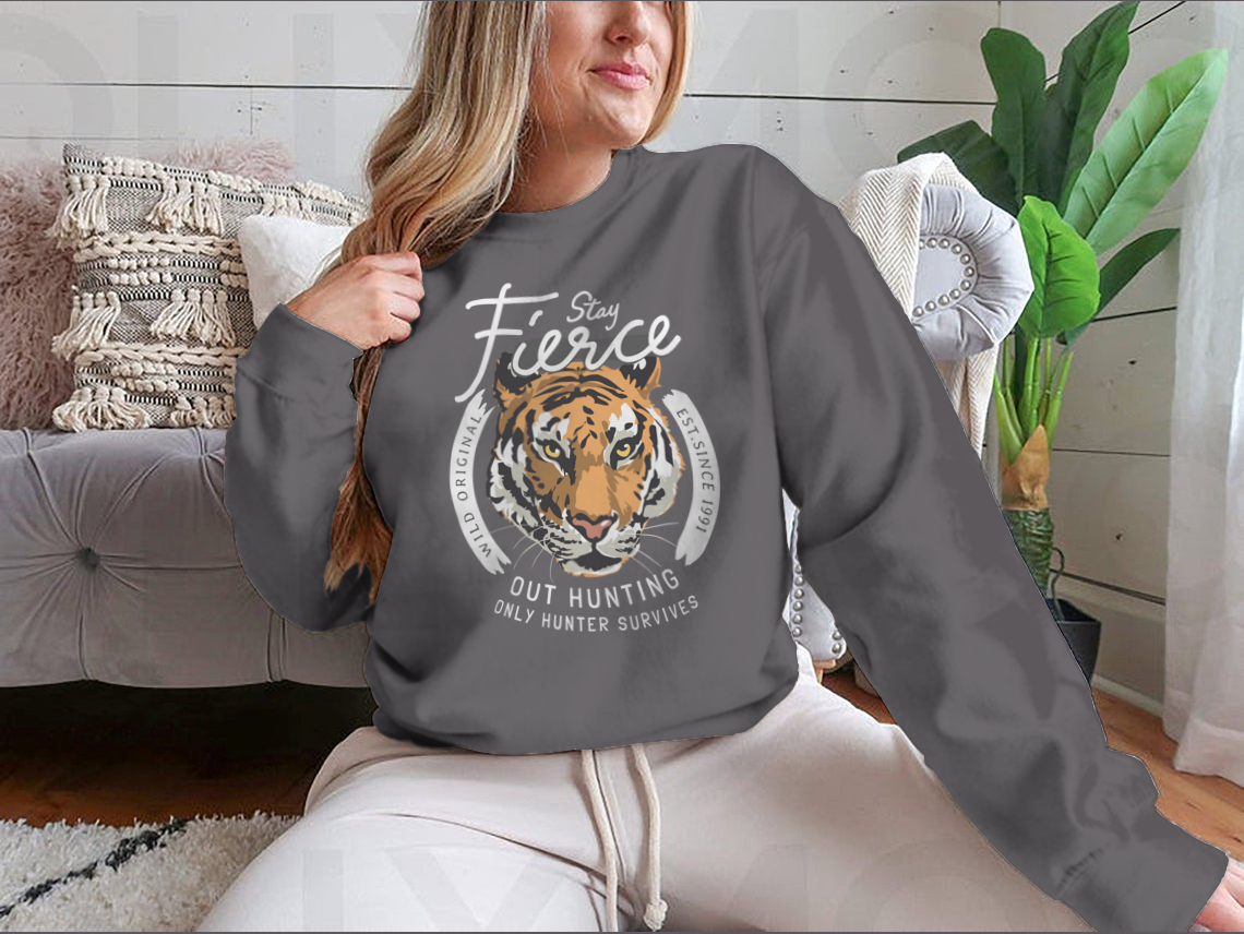 Fierce With Tiger Head T-Shirt featuring a bold tiger graphic on a comfortable cotton fabric.