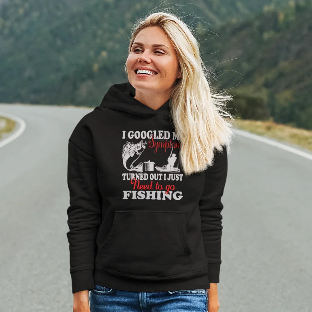 A stylish Fishing Symptoms Women Hoodie featuring a classic fit, made from soft cotton-polyester blend, perfect for fishing enthusiasts.