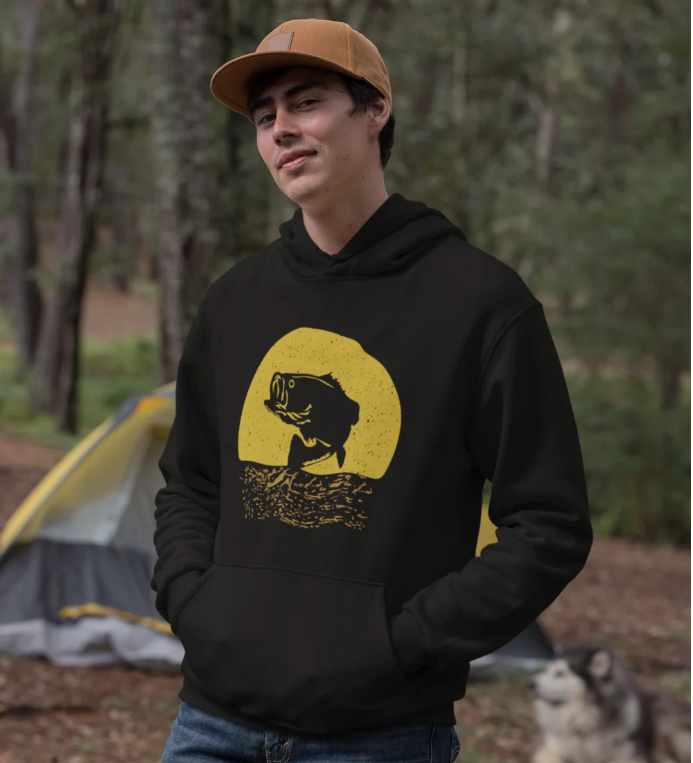 A stylish Fishing Unisex Hoodie displayed on a hanger, showcasing its classic fit and comfortable fabric, perfect for both men and women.