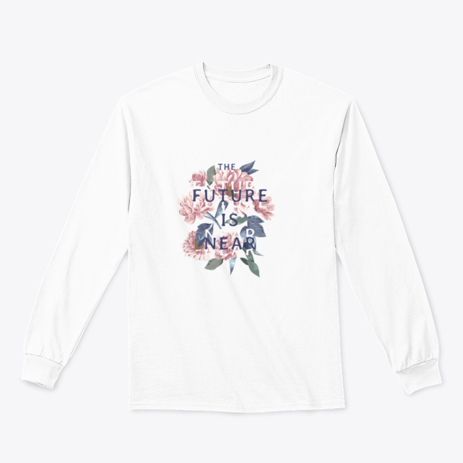 A stylish t-shirt featuring the slogan 'Future Is Near' on a vintage flowers background, showcasing vibrant colors and a classic fit.