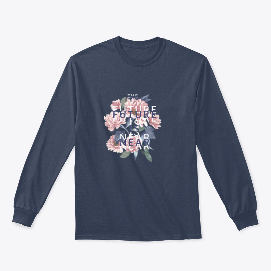 A stylish t-shirt featuring the slogan 'Future Is Near' on a vintage flowers background, showcasing vibrant colors and a classic fit.