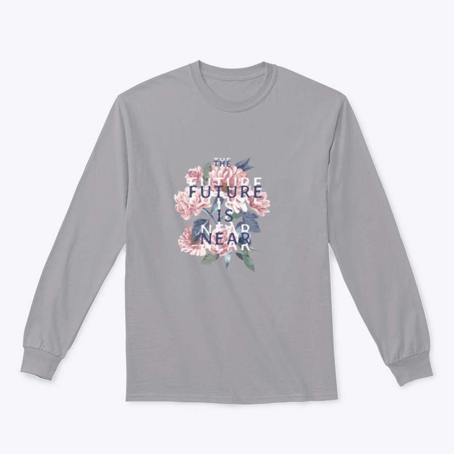 A stylish t-shirt featuring the slogan 'Future Is Near' on a vintage flowers background, showcasing vibrant colors and a classic fit.