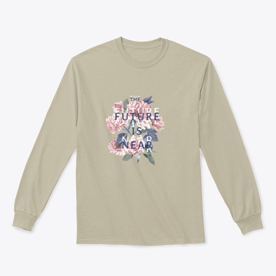 A stylish t-shirt featuring the slogan 'Future Is Near' on a vintage flowers background, showcasing vibrant colors and a classic fit.