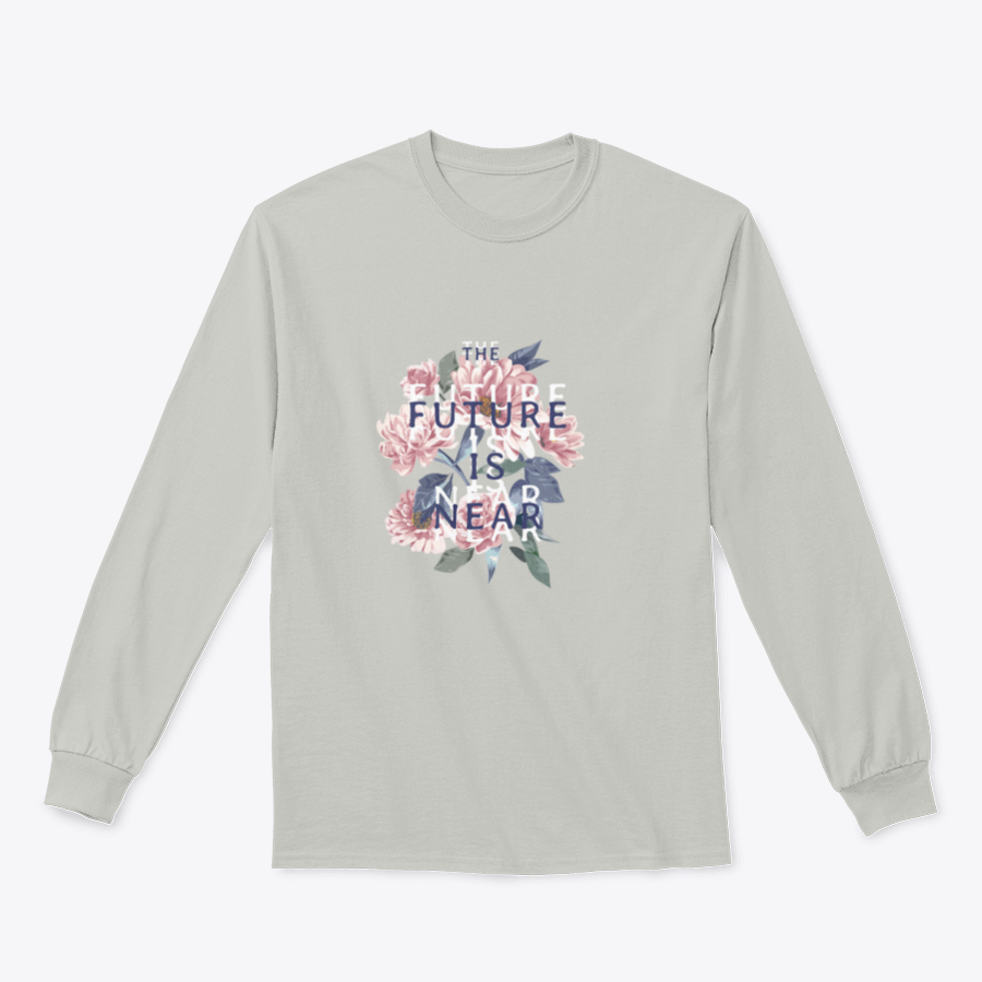 A stylish t-shirt featuring the slogan 'Future Is Near' on a vintage flowers background, showcasing vibrant colors and a classic fit.