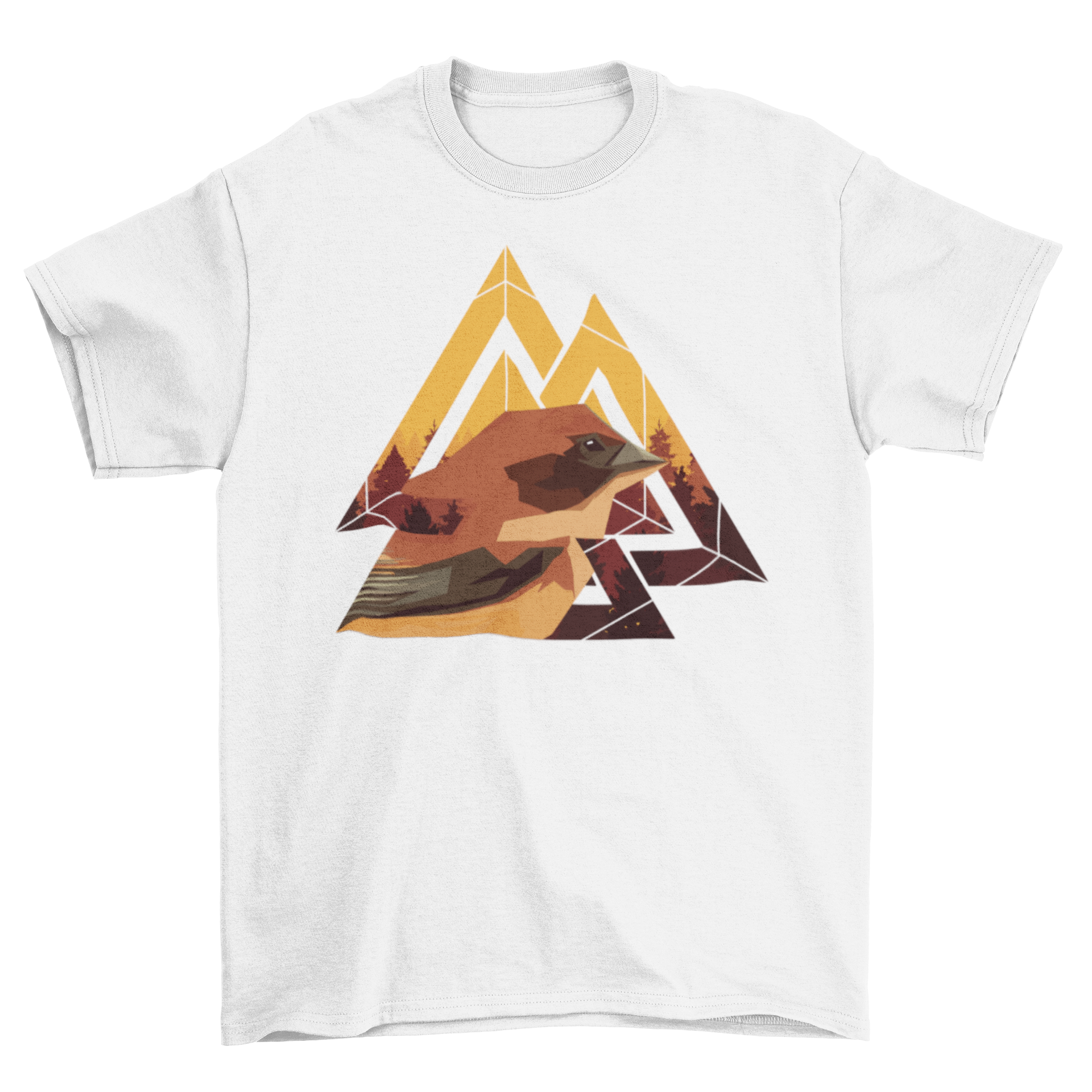 Geometric Bird T-shirt featuring an abstract triangle design with a bird illustration, showcasing vibrant colors and modern art style.