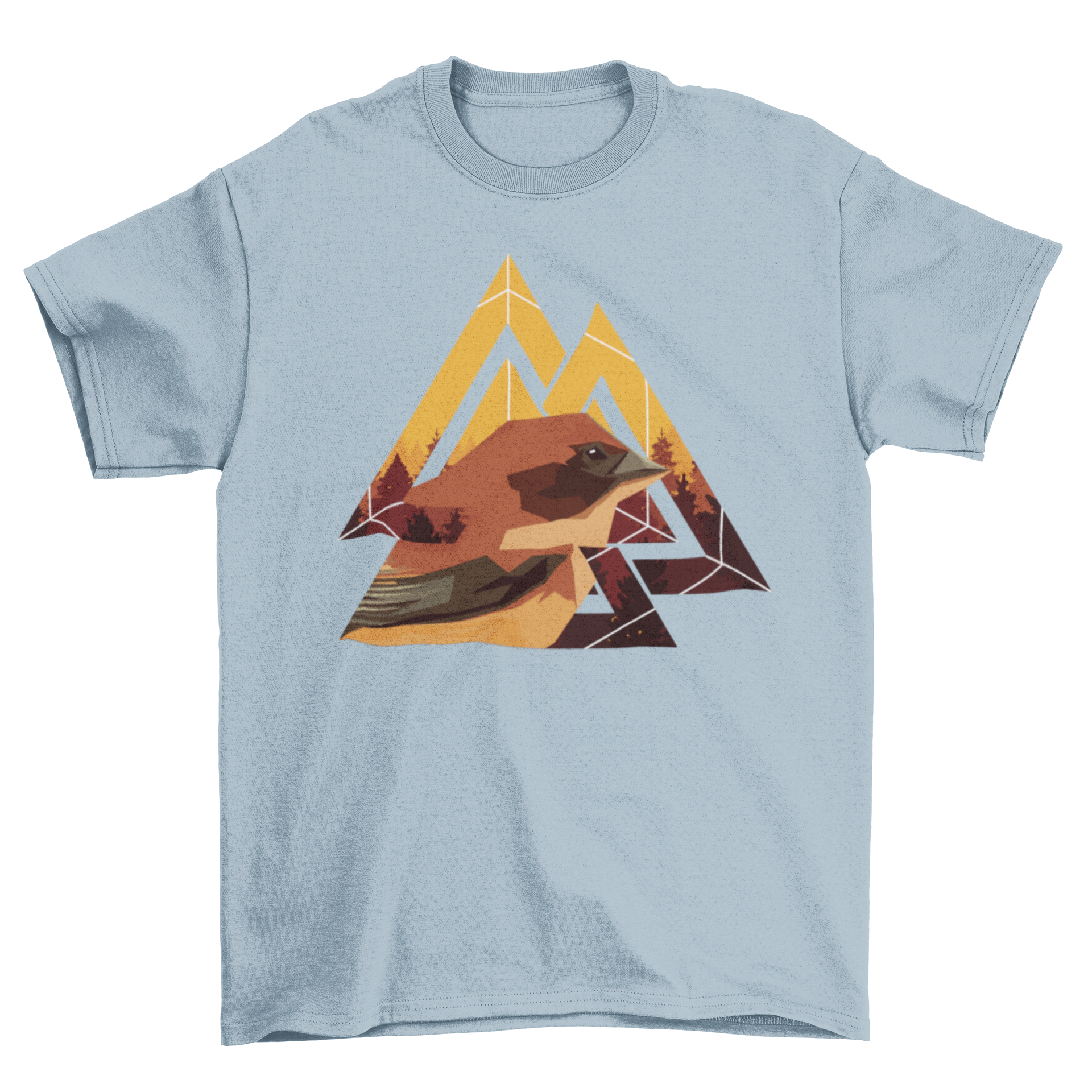 Geometric Bird T-shirt featuring an abstract triangle design with a bird illustration, showcasing vibrant colors and modern art style.