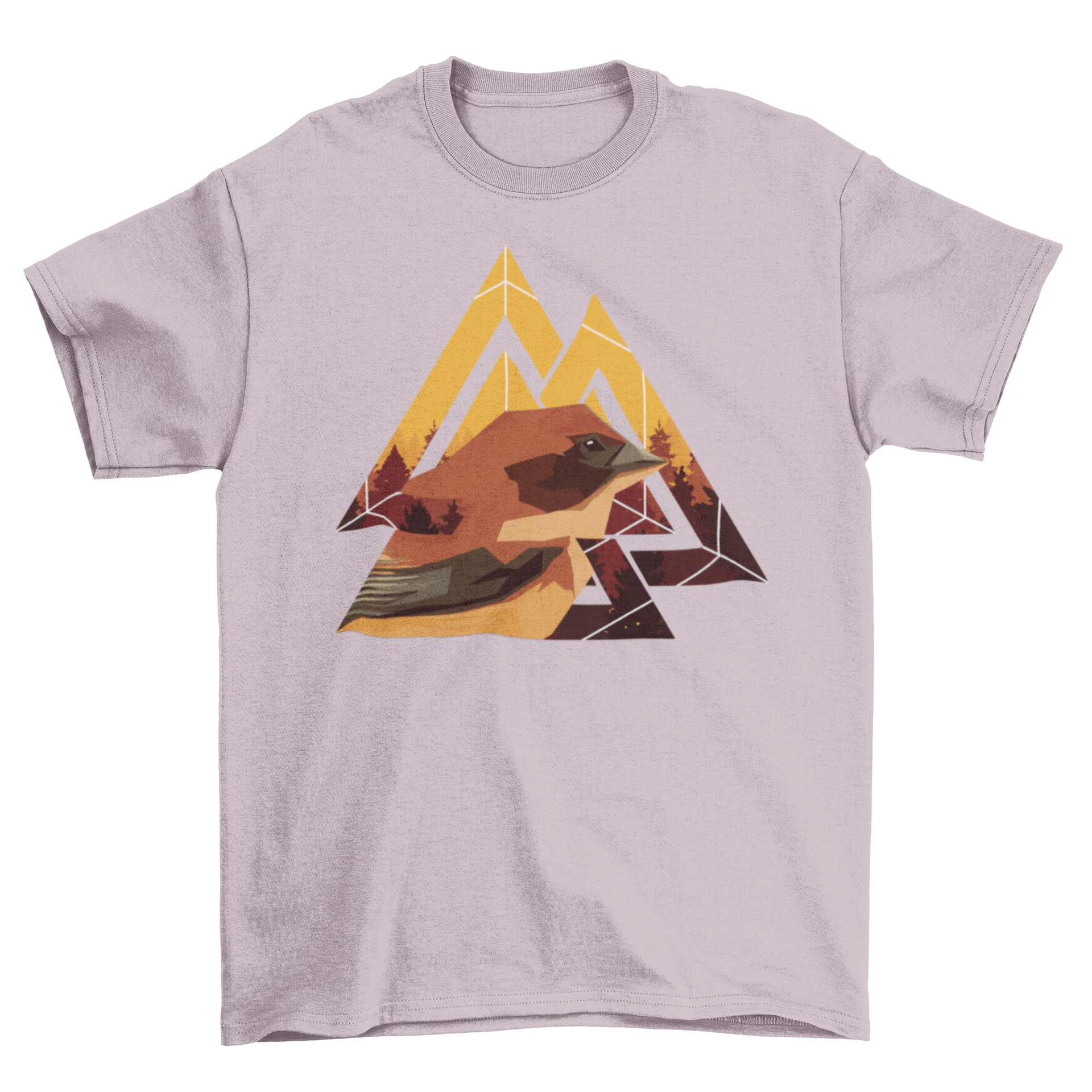 Geometric Bird T-shirt featuring an abstract triangle design with a bird illustration, showcasing vibrant colors and modern art style.