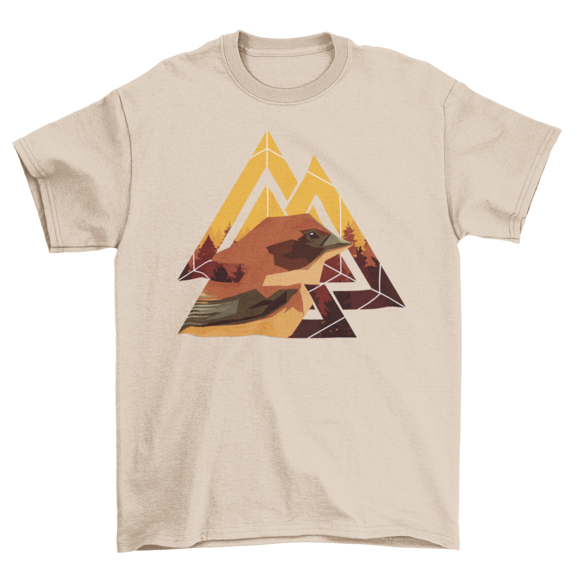 Geometric Bird T-shirt featuring an abstract triangle design with a bird illustration, showcasing vibrant colors and modern art style.