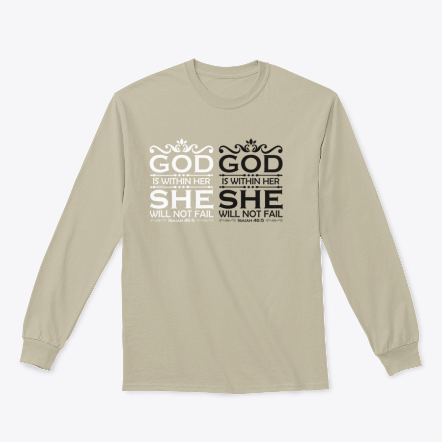 A stylish Christian cross shirt featuring the phrase 'God Is Within Her She Will Not Fail', made from soft cotton fabric.