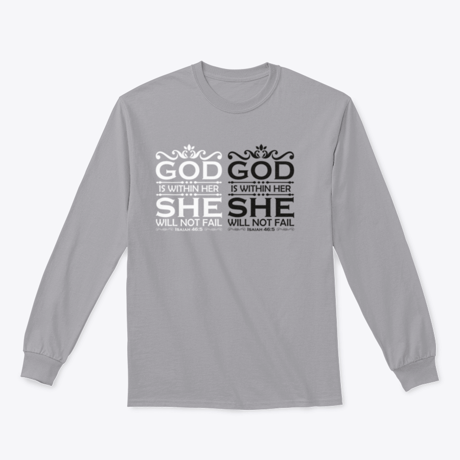 A stylish Christian cross shirt featuring the phrase 'God Is Within Her She Will Not Fail', made from soft cotton fabric.