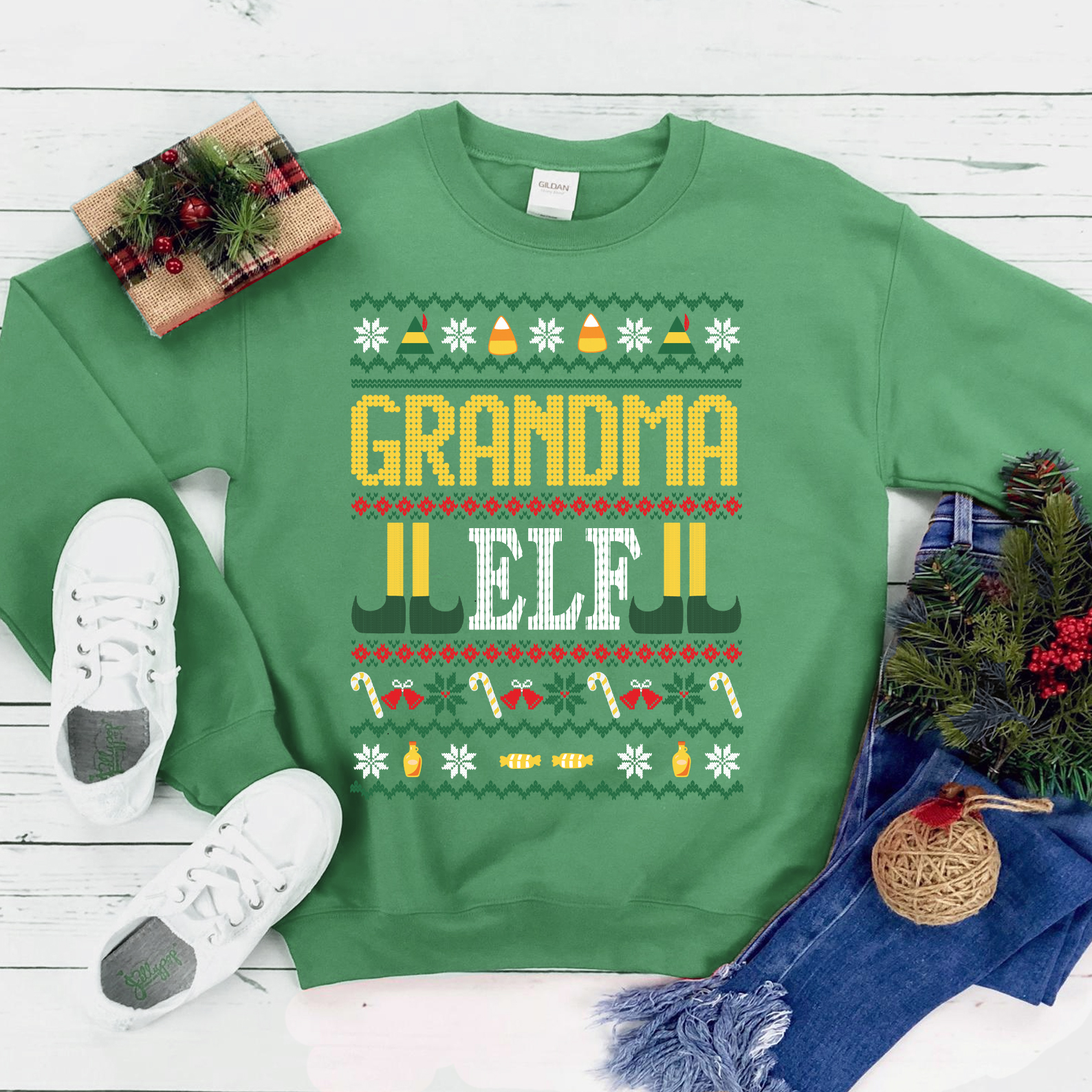 A cozy Grandma ELF Christmas Sweatshirt featuring a festive design, perfect for holiday celebrations and casual wear.